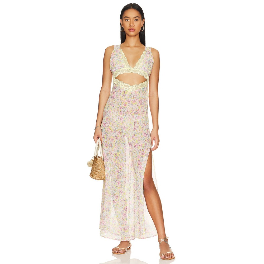 Beach Riot Kimi Cut-Out Slit V-Neck Dress in Forget Me Not Floral Lace Trim Smal - Picture 2 of 11
